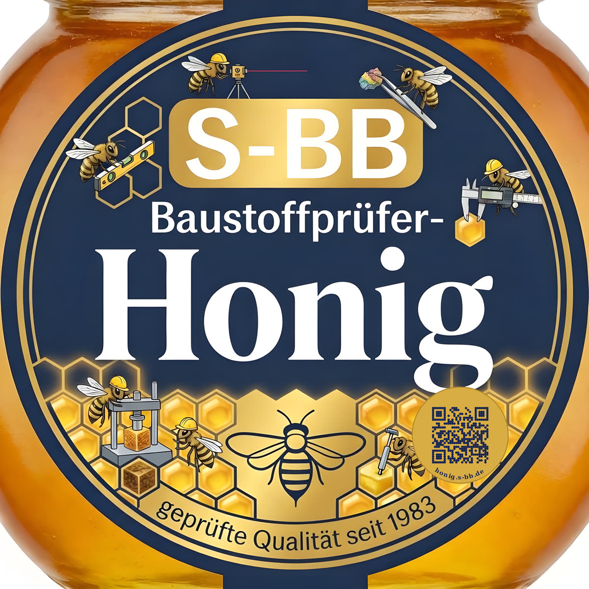 Honigglas mit S-BB Baustoffprüfer-Honig Etikett